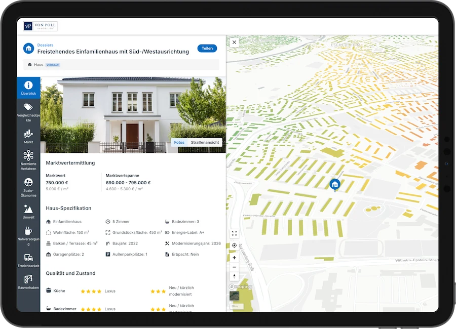 Die Immobilienbewertung von VON POLL IMMOBILIEN auf einem Tablet: Marktwert, Haus-Spezifikation und die Lage auf der Karte